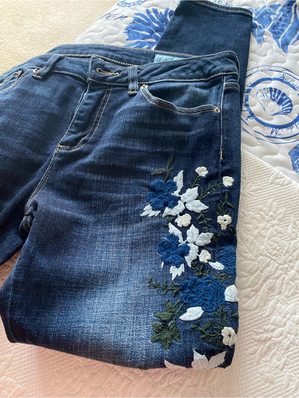 CeCe Dark Blue Skinny Jeans with Blue & White Floral Embroidery
